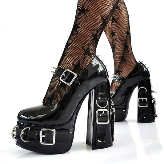 Super High Heels Gothic Pumps Metal Buckle Belt Rings Rivet Sexy Platform Cosplay Chunky High Heels Ankle Strap High Heel Shoes Good Vibrations