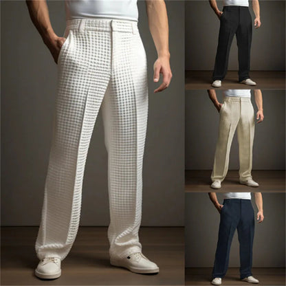 New 2025 Men's Elegant Waffle Suit Pants Solid Loose Straight Trousers Business Social Dress Pants Casual Vacation Pants for Men Good Vibrations