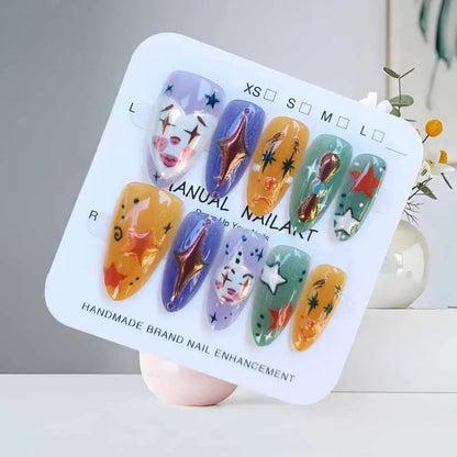 10Pcs Halloween Short Almond Shape Atmosphere Clown Black and White Ghost Spider Press on Nails Nail Patch False Nails Nails Art Good Vibrations