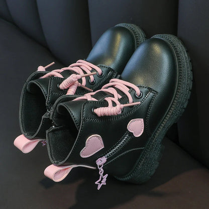 Girls Boots Kids Fashion Rubber Boots Cool Girl Autumn and Winter Cotton Soft Sole Pink with Love Side Zip Princess Round-toe PU Good Vibrations