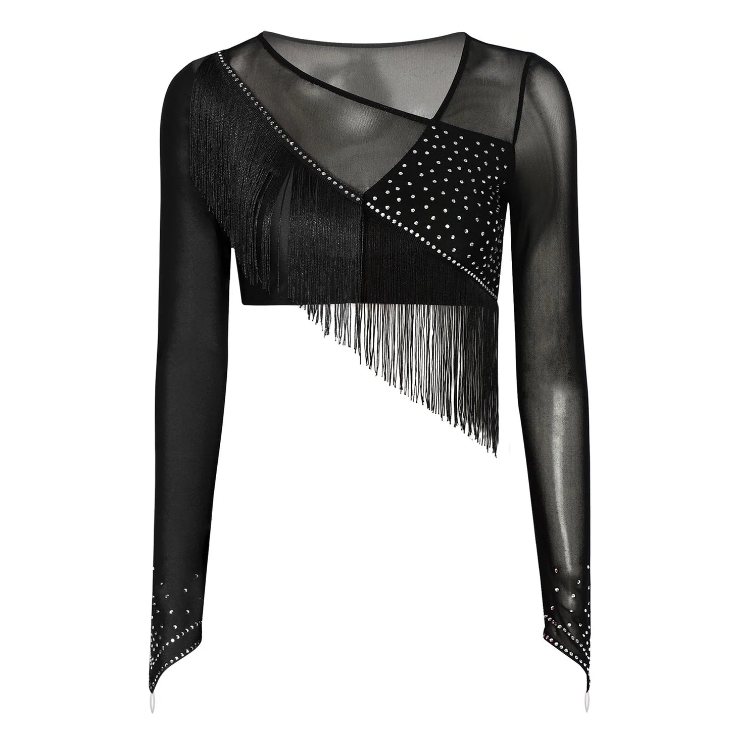 Women Lyrical Dance Outfit Set Modern Contemporary Dancewear Tassel Long Sleeve Mesh Crop Top with Skirted Leotard Ballet Outfit Good Vibrations