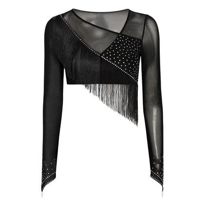 Women Lyrical Dance Outfit Set Modern Contemporary Dancewear Tassel Long Sleeve Mesh Crop Top with Skirted Leotard Ballet Outfit Good Vibrations