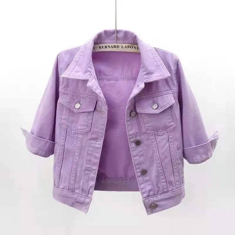 2024 New Women Spring Autumn Denim Jacket Tops Pink Color Solid Short Multicolor Feminino Three Quarter Sleeve Jean Jacket Good Vibrations