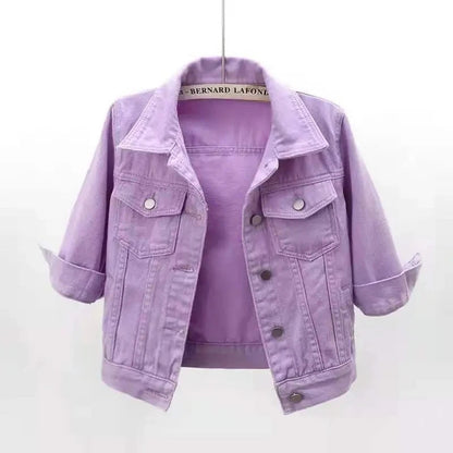 2024 New Women Spring Autumn Denim Jacket Tops Pink Color Solid Short Multicolor Feminino Three Quarter Sleeve Jean Jacket Good Vibrations