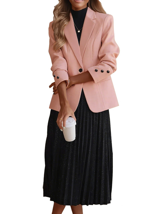 Women's Casual Elegant Jacket Blazer,  Design Stitching Sleeves Buttoned and Double Pockets Fine Jackets ,Suitable All Seasons