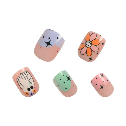 24Pcs Halloween-Themed Press-On Nails Set, Floral & Festive Elements Design, Glossy Finish with Jelly Glue & Nail File Included Good Vibrations