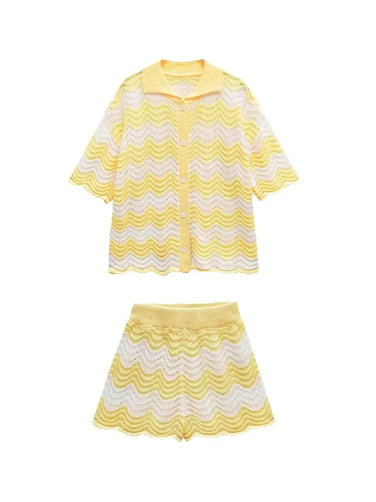Women Temperament Single Breasted Short Sleeve Top Two Piece Set Fashion Sweet Turn-down Collar Knitted Top Sets Shorts Good Vibrations