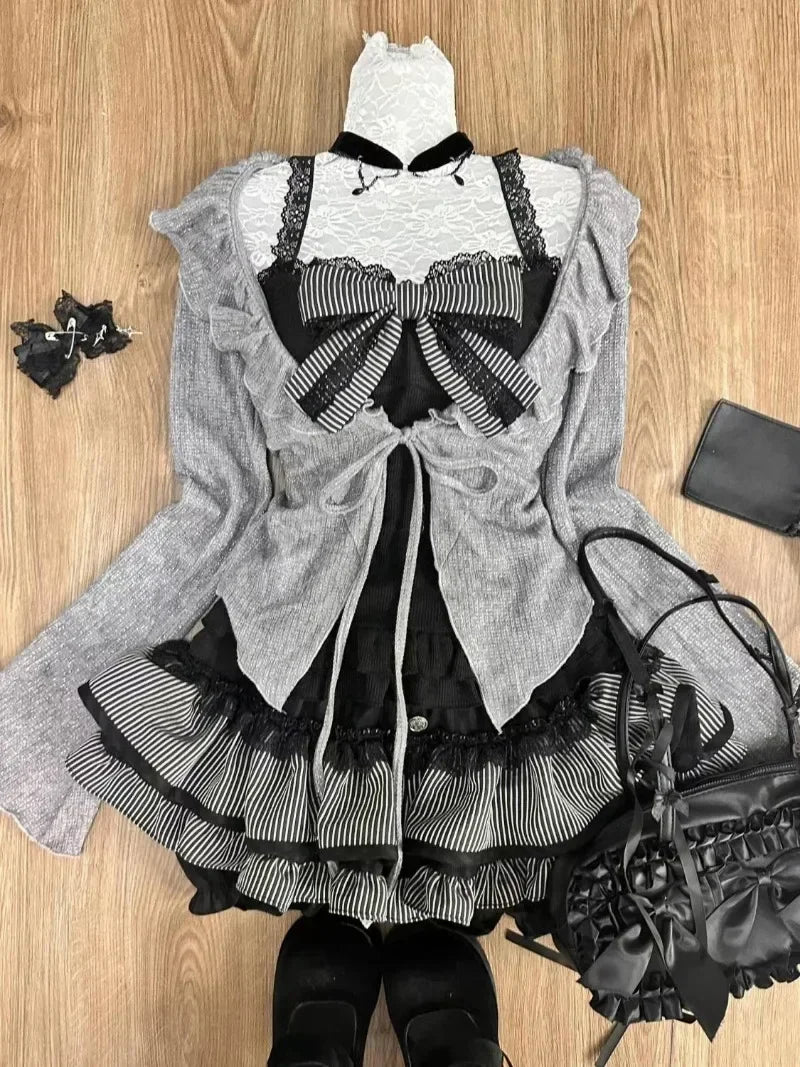Ruffles cardigan and sexy slim fit vest tops set for early autumn, featuring a knitted pullover design with casual A-line silhouette.