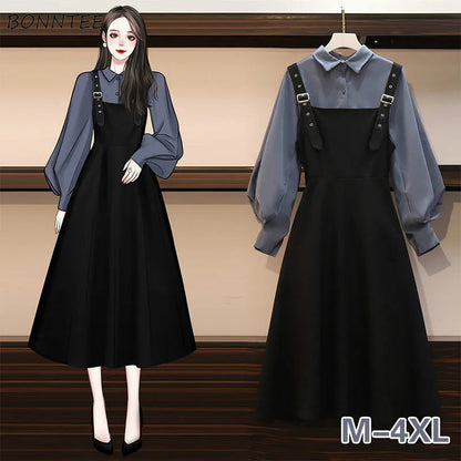 Dress Sets Women Chic Fashion Elegant Office Lady Outfits 2 Piece Korean Fall Basic Simple Female Shirts Vestido Mujer Aesthetic Good Vibrations