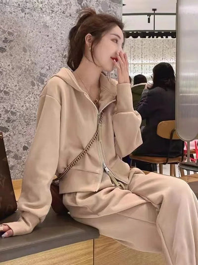 Casual Hooded Open Cardigan Sweatshirt Slimming Sporty Wide Leg Pants Two Piece Set Fashionable Versatile Polyester Long Sleeve