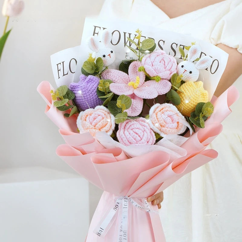 Teachers' Day Gift Bouquet Cross-border Finished Product Hand-knitted Wool Large Opening Tulip Simulation Flower Wholesale Good Vibrations