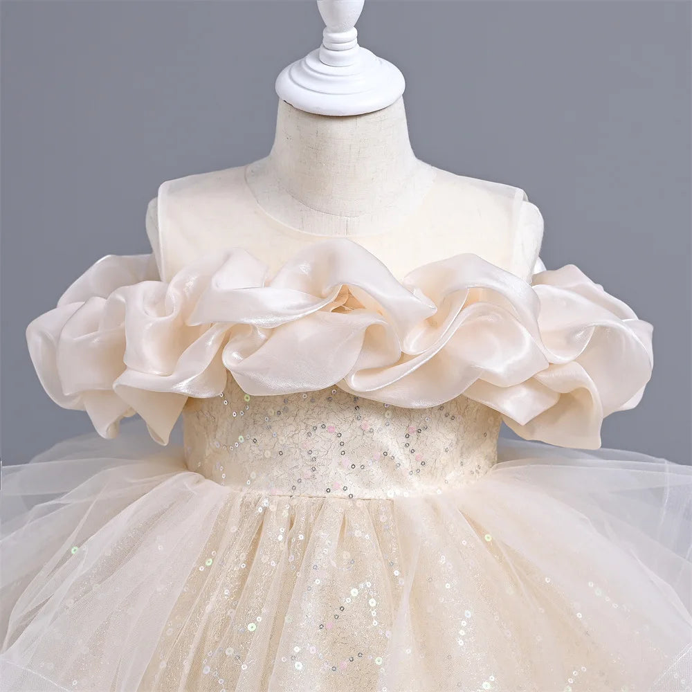 New Girl's Wedding Evening Dress Petal Sequin Mesh Sleeveless Dress Birthday Party School Graduation Party Dress Good Vibrations