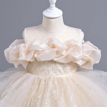 New Girl's Wedding Evening Dress Petal Sequin Mesh Sleeveless Dress Birthday Party School Graduation Party Dress Good Vibrations