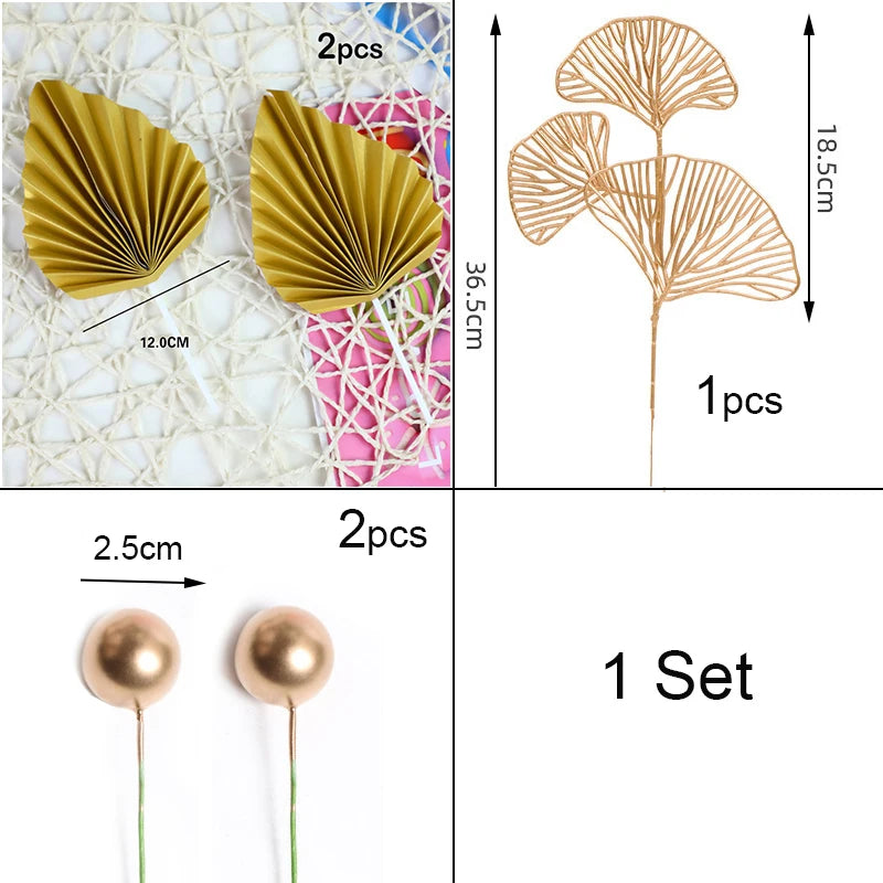 Suit Gold Palm Leaf Paper Fan Happy Birthday Cake Topper Metal Ball Flower Baby Shower Party Cupcake Decor Wedding Cake Toppers Good Vibrations