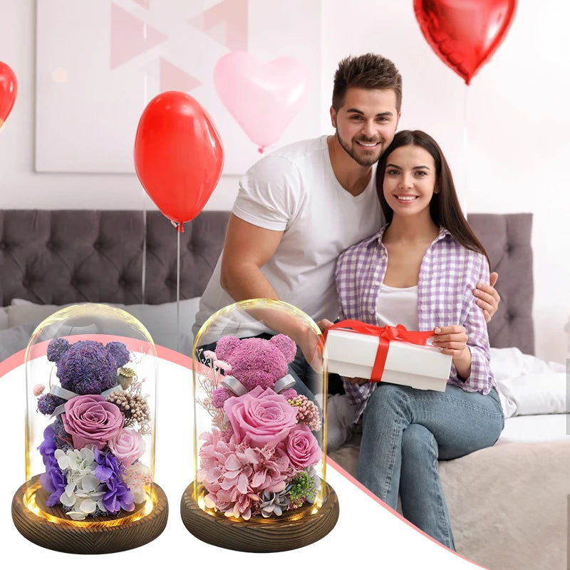 Valentine's Day Gift for Girlfriend Eternal Preserved Rose Flower Gift Box Teddy Bear Eternal Flower with Lights Gift for Women Good Vibrations