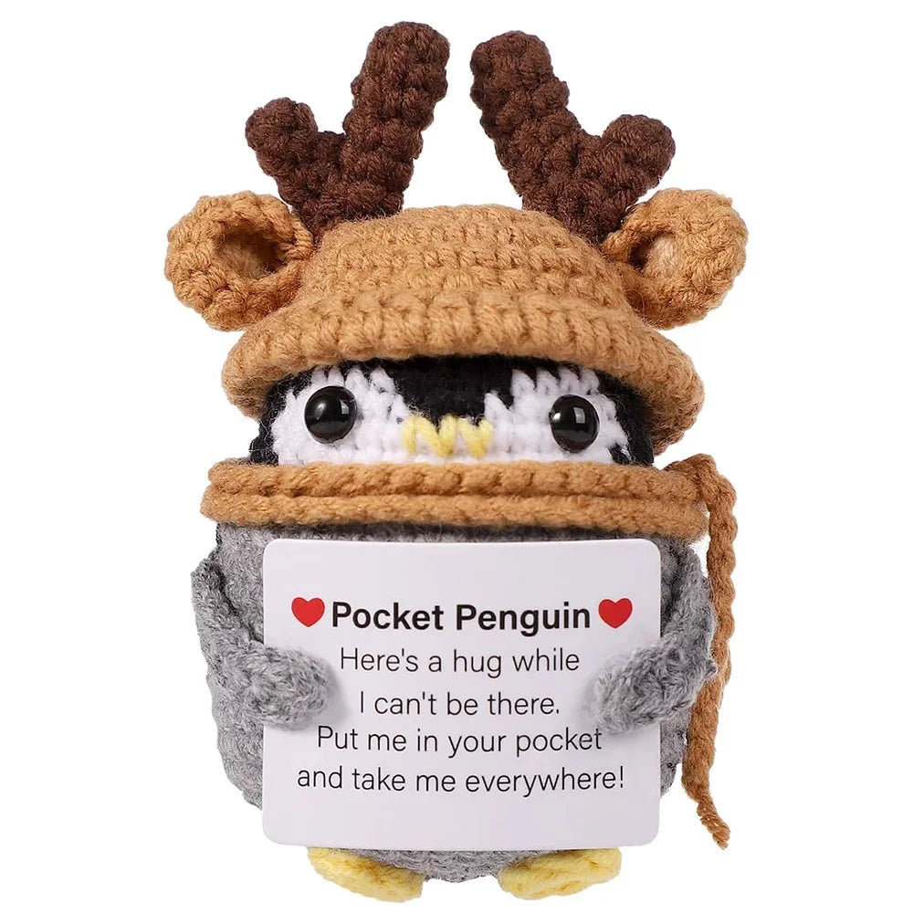 Funny Positive Energy Penguin Hug Pocket Doll Mini Handmade Plush Knitted Penguin Ornament Home Room Decoration Christams Gift Good Vibrations