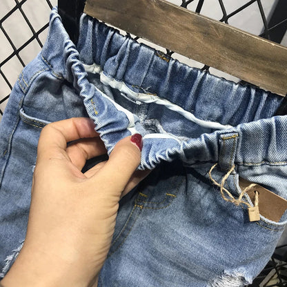 Boys Jeans Fashion Hole New Children Straight Cylinder Casual Jeans Spring Autumn Korean Style Elastic Waist Kids 3-8Ys Trousers Good Vibrations