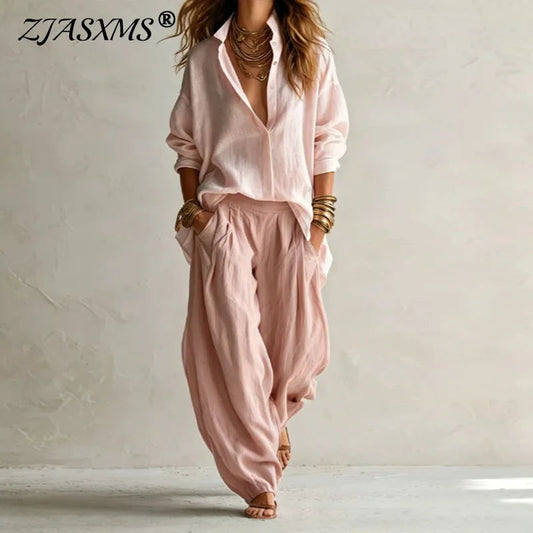 Vintage Two Piece Sets Women Loose Turn Down Collar Blouse High Waist Pocket Wide Leg Trousers Outfits Casual Travel Beach Suits Good Vibrations