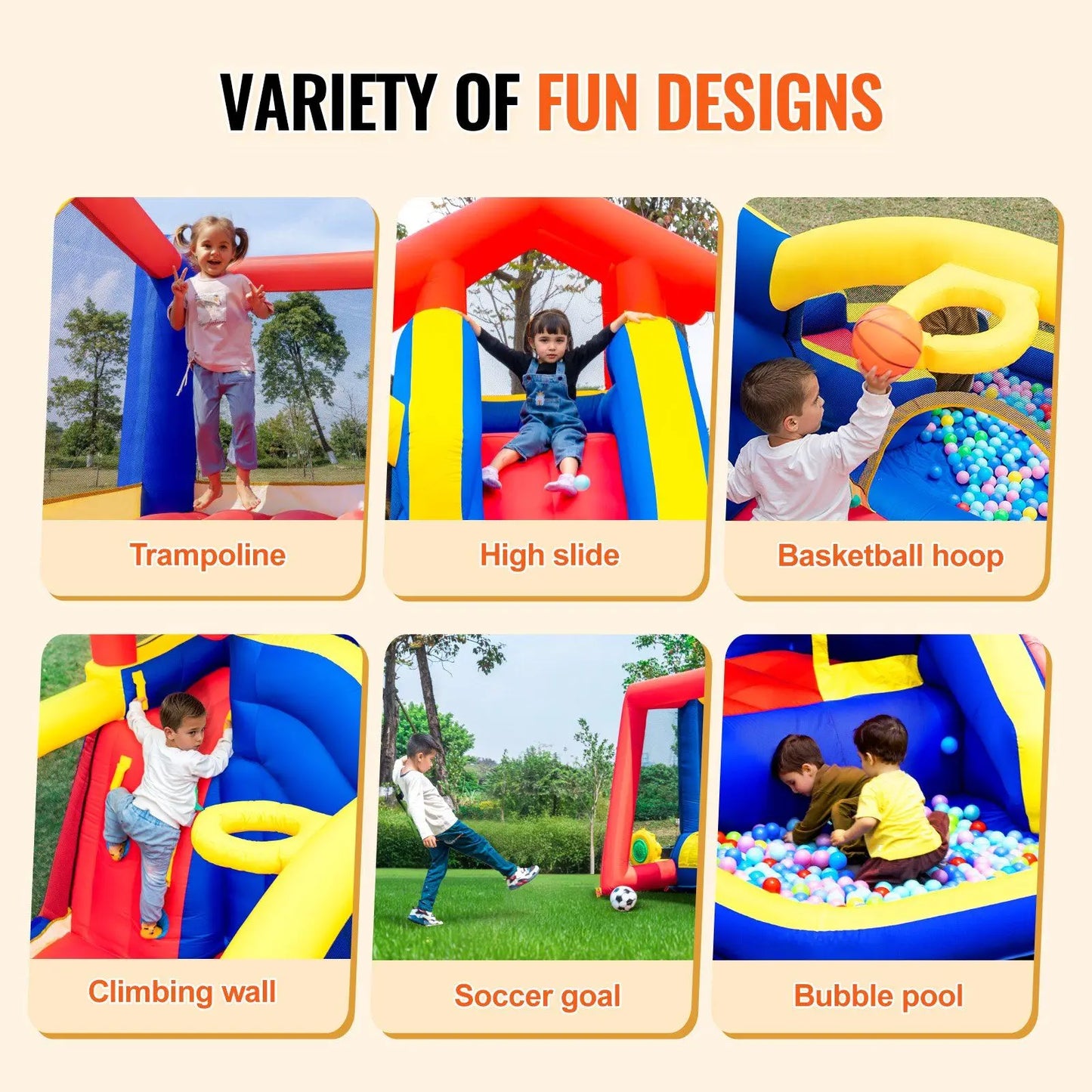 Inflatable Bounce House, Outdoor High Quality Playhouse Trampoline, Jumping Bouncer with Blower, Slide, and Storage Bag, Family Good Vibrations