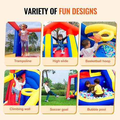 Inflatable Bounce House, Outdoor High Quality Playhouse Trampoline, Jumping Bouncer with Blower, Slide, and Storage Bag, Family Good Vibrations