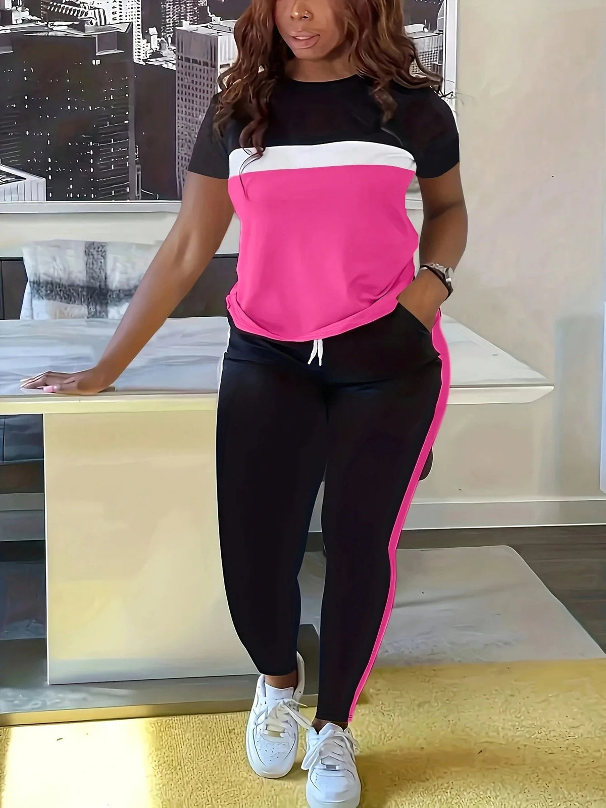 Pant Set Women Two Piece Sets Matching Sets Short Sleeve Loose Casual Tops Long Pants Lace Up Elastic Waist Jogger Summer Good Vibrations