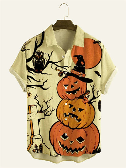 Men's Fashion Halloween Shirt Summer Cute Style Men's Clothing Party Holiday Men Top Pumpkin Head Print Boys' Short Sleeve Shirt Good Vibrations