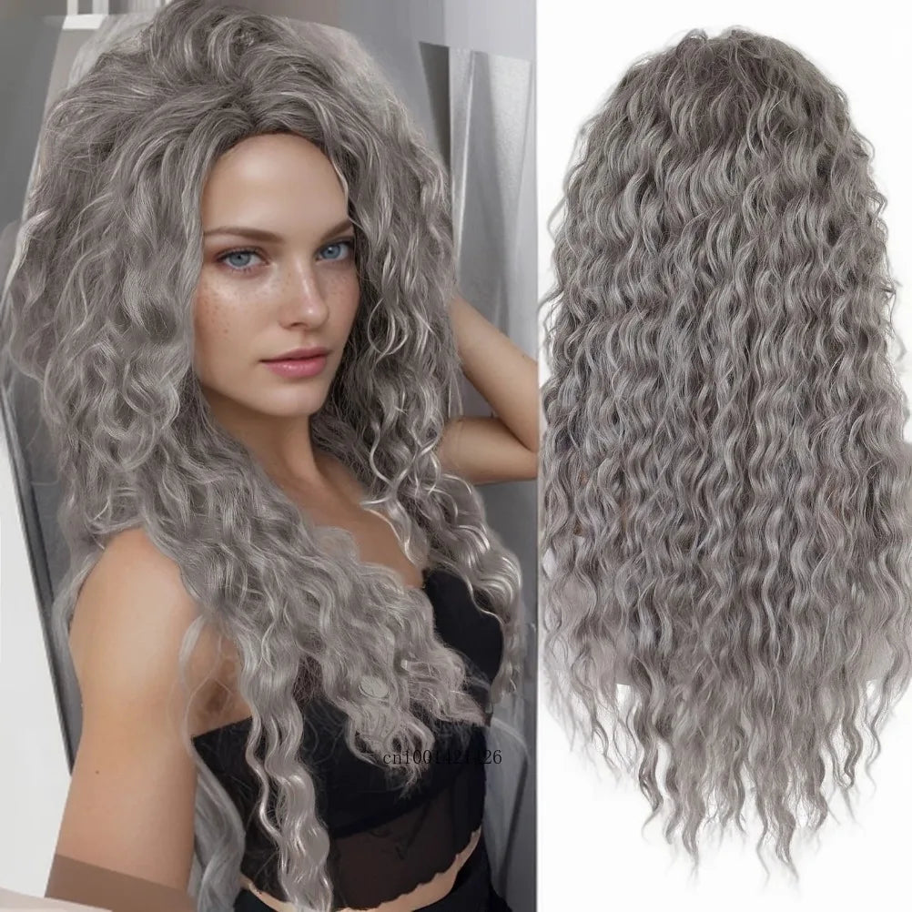 GNIMEGIL Synthetic Long Wave Cur Wigs Female Natural Brown Wig with Clip Free Part Side Bangs 80s Curly Wigs for Women Ombre Wig Good Vibrations