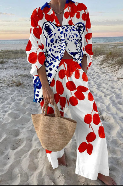 Women's Two Piece Set Print Shirt Pants Suit Single Breasted Lapel Short Sleeve Shirt And Wide Leg Trousers Sets, Lady Outfits Good Vibrations