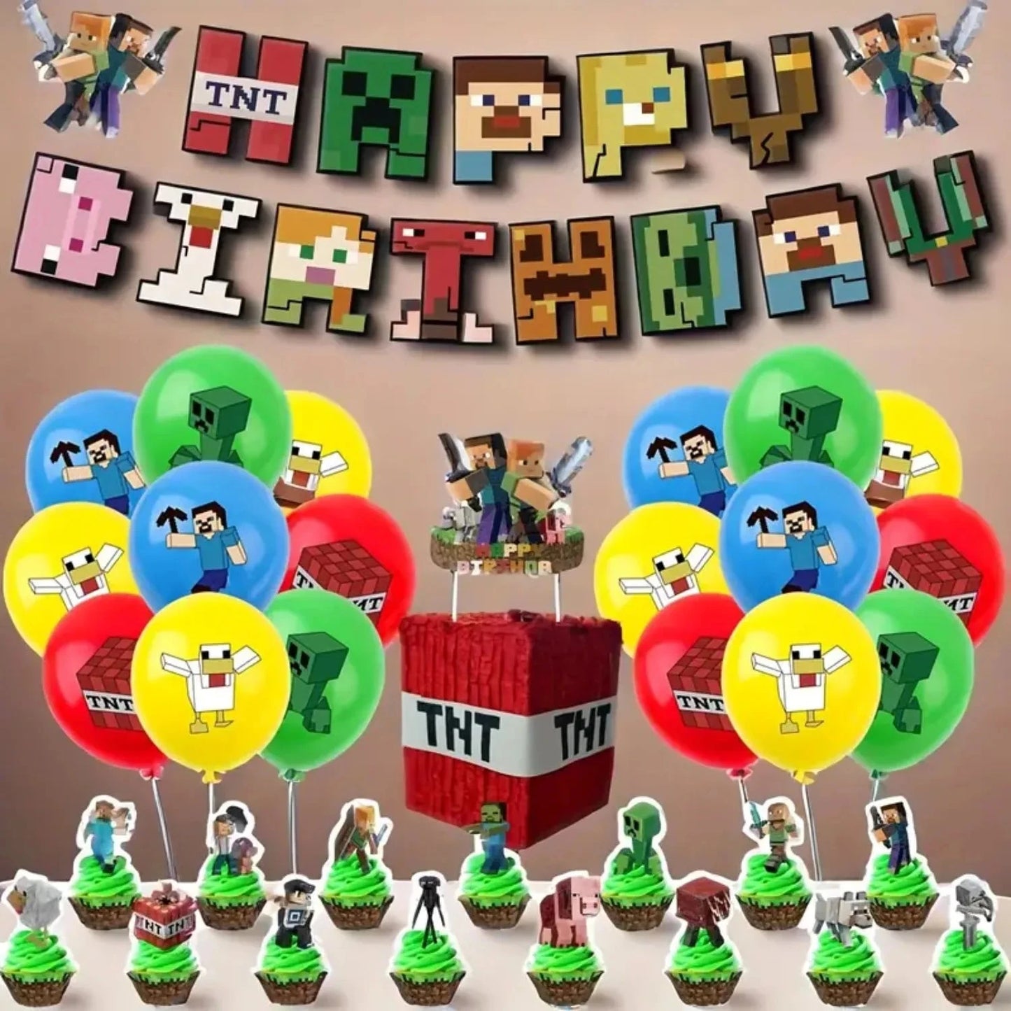 Blocky Game Birthday Party Decoration Set Pixel War Banner Balloons and Tablecloth Combination Birthday Party Festival Supplies Good Vibrations