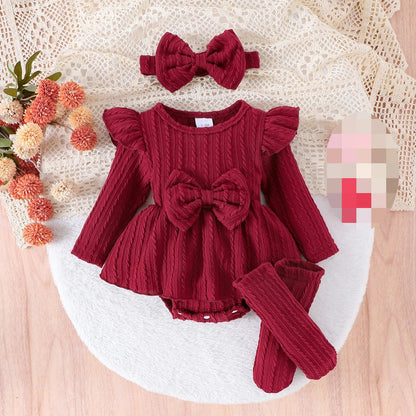 Autumn Winter Baby Girl Sets Purple Green Pink Red Ruffle Long Sleeve Bodysuit+Socks+Headwear Infant Birthday Party Wear D0141 Good Vibrations