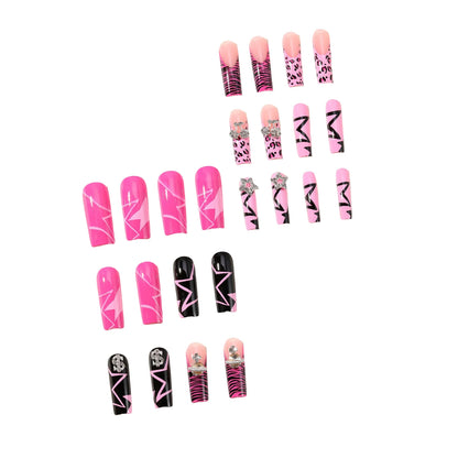 Rose Pink Long Coffin Fake Nails French Style Leopard Star Printed Press on Nails Y2K Girls Charms Manicure Black False Nails Good Vibrations