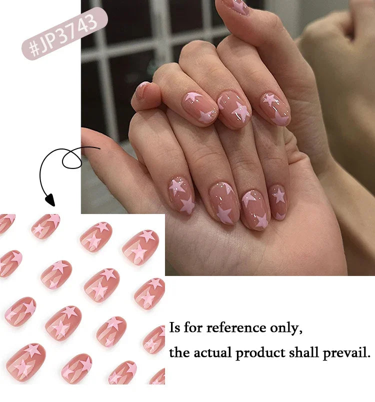 Pink Stars Nude Color Chic Delicate Wearable Nail Art Y2K Fashion Short False Nails Detachable Finished Fake Nails Press on Nail Good Vibrations