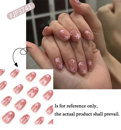 Pink Stars Nude Color Chic Delicate Wearable Nail Art Y2K Fashion Short False Nails Detachable Finished Fake Nails Press on Nail Good Vibrations