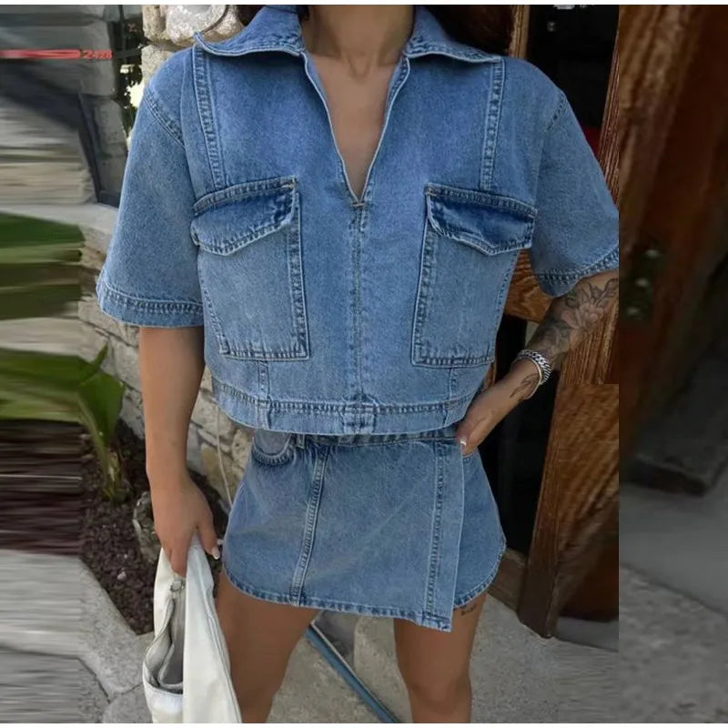 Denim Irregular Hem Skirt Shorts Set Women Slim Short Sleeve V Neck Crop Tops High Waist Shorts 2025 New Female Y2k Streetwear Good Vibrations Adult Super Store
