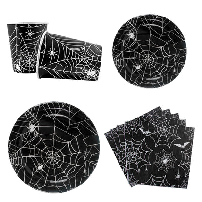 Halloween Party Spider Web Disposable Tableware Black Paper Plates Cups Napkins Halloween Party Home Decorations Supplies Good Vibrations