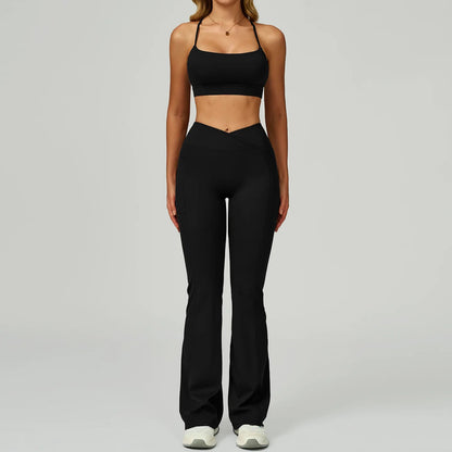 2 Pieces Yoga Set Women Tracksuits Sport Bras Workout Tops Yoga Clothes Fitness Leggings Flared Pant Gym Set Seamless Yoga Suit Good Vibrations