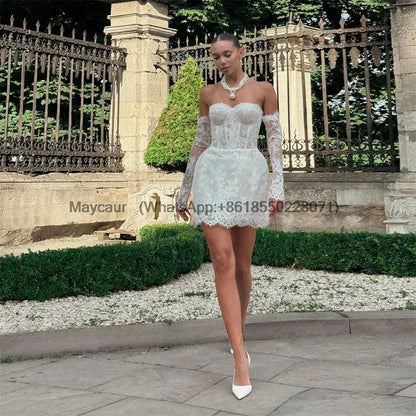 Glamorous A Line Wedding Dress Lace Strapless Removeable Sleeves Celebrate Bridal Gown Short vestidos de novia Customized Good Vibrations