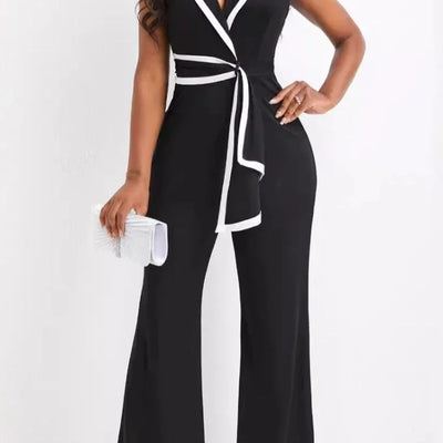 Women's full length sleeveless black jumpsuit with white trim and wide leg pants for office wear