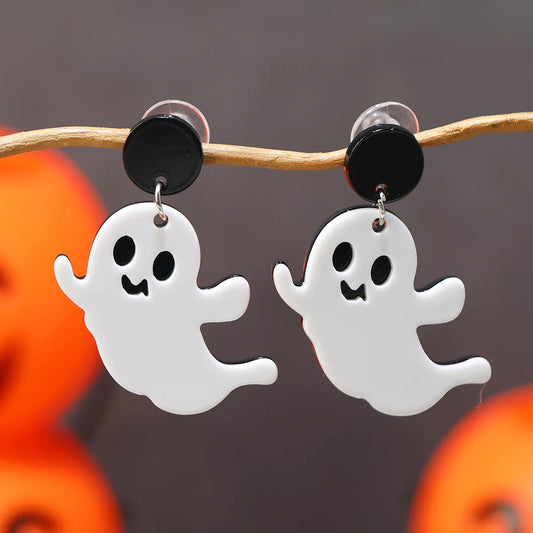 8 pairs of Halloween flame demons, cute little ghosts, acrylic earrings, skull heads, alien spaceships, pumpkin ghosts Good Vibrations