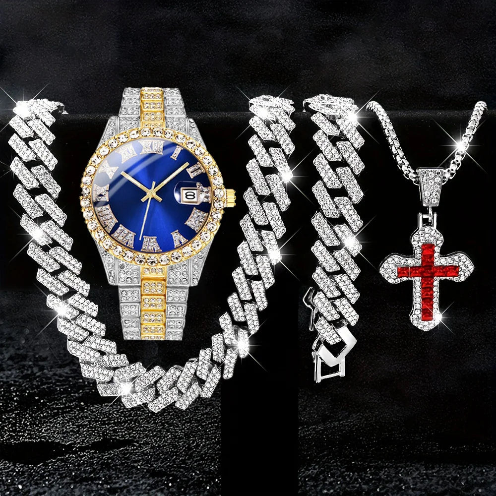 4pcs/set, Business Luxury Men's Rhinestone Watch Jewelry Set, Classic Silvery Men Quartz Calendar Wrist Watch - Gifts for Men, Good Vibrations