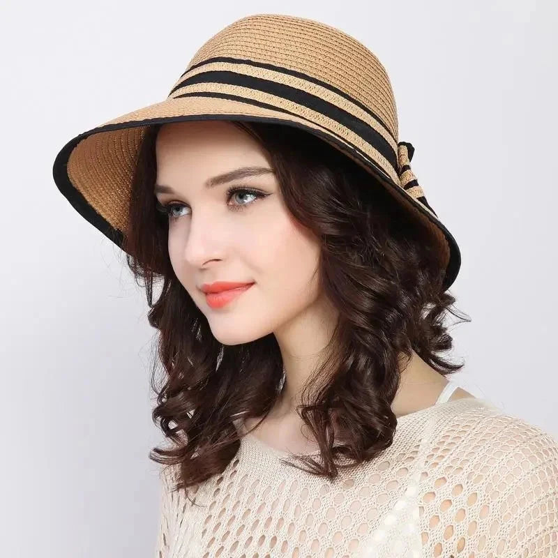 Muchique Boater Hats for Women Summer Sun Straw Hat Wide Brim Beach Hats Girl Outside Travel Straw Cap Casual Bow Hat Good Vibrations
