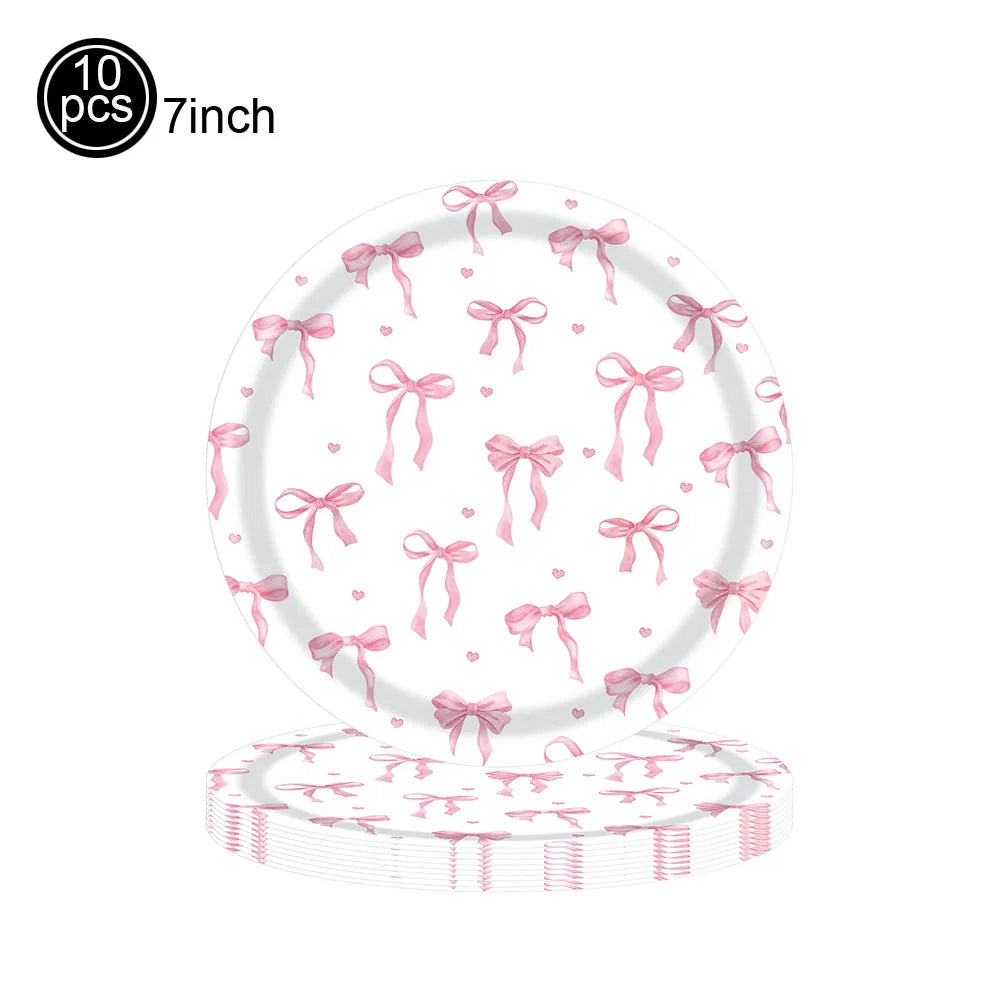 Pink Banner Happy Birthday Bow Balloon Straw Disposable Paper Plate Napkin Cup Tableware Princess Girl Birthday Party Supplies Good Vibrations