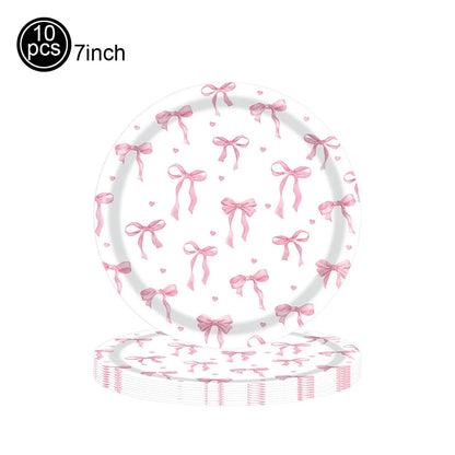 Pink Banner Happy Birthday Bow Balloon Straw Disposable Paper Plate Napkin Cup Tableware Princess Girl Birthday Party Supplies Good Vibrations