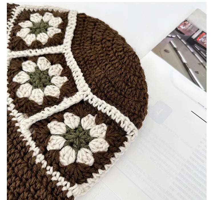 2024 Spring New Crochet Hat Korean Handmade Bucket Hat Women's Weaving Knitted Hat Y2k Fashion Flowers Autumn Winter Ins Beanies Good Vibrations