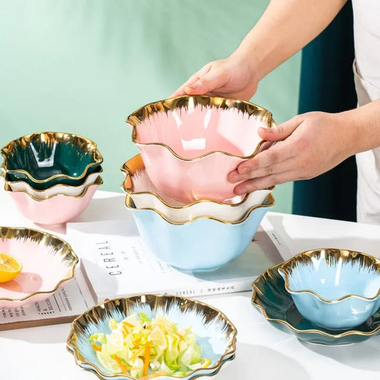 Nordic Luxury Ceramic Bowl Plate Set Tableware Creative Salad Vegetable Fruit Plate Dessert Noodle Bowl Crockery 8 inch Good Vibrations