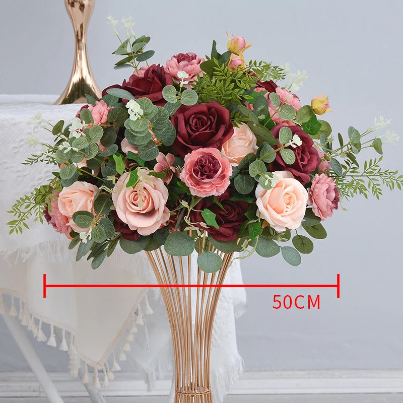 Uflower Red Rose Green Leaf Artificial Flowers Row Arrangement Wedding Table Center Flower ball Event Party Backdrop Decor Props Good Vibrations