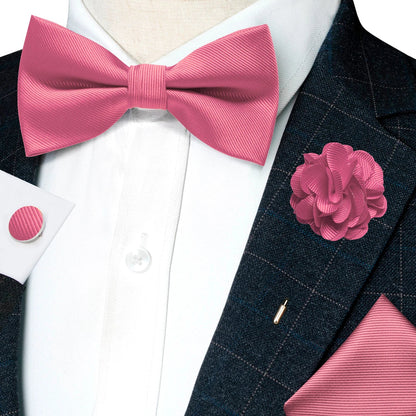Wedding Bow Tie for Men Solid Pink Pre-tied Bowtie Pocket Square Cufflinks Corsage Set Party Business Silk Butterfly Knot Gift Good Vibrations