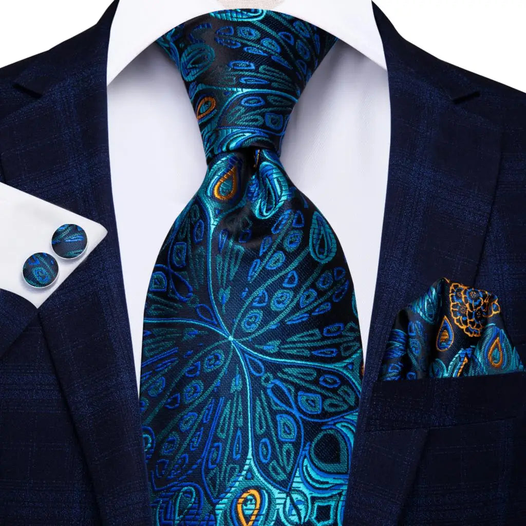 Jacquard Peacock Blue Novelty Design Wedding Tie For Men Hanky Cufflinks Gift Mens Necktie Set Business Party Dropshipping Good Vibrations