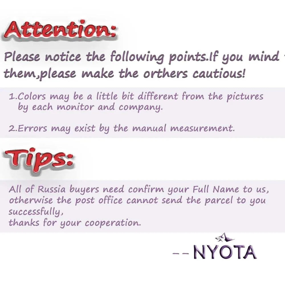 Attention notice from NYOTA, highlighting possible color differences and manual measurement errors, with tips for Russian buyers.