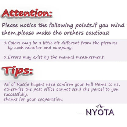 Attention notice from NYOTA, highlighting possible color differences and manual measurement errors, with tips for Russian buyers.